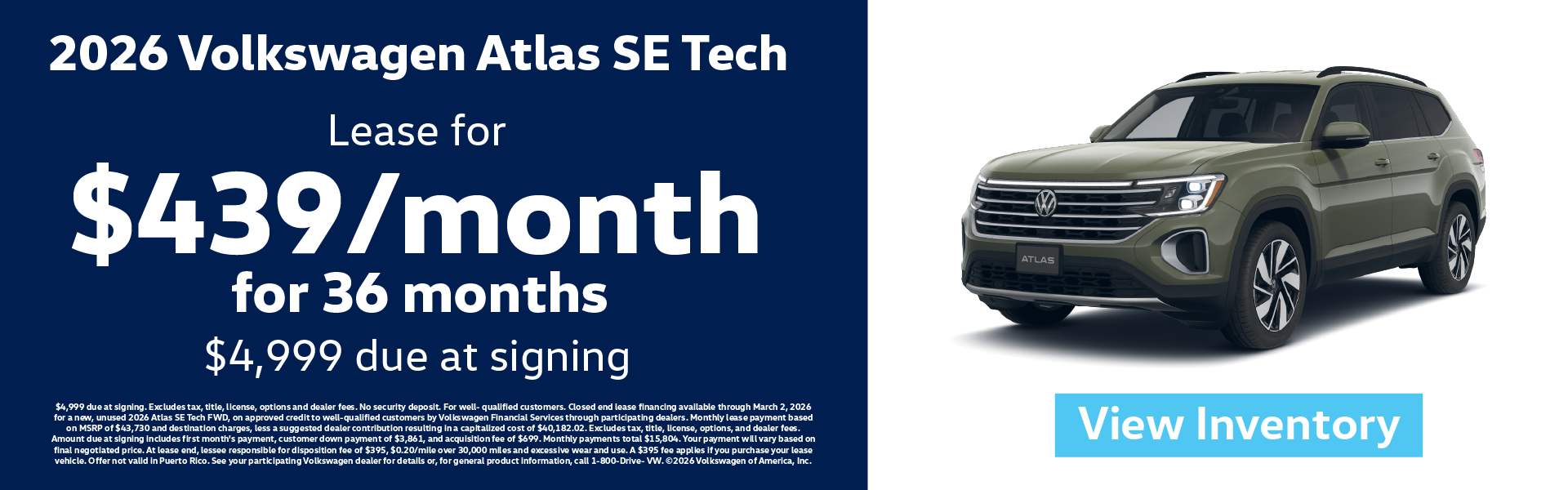 2026 Volkswagen Atlas SE Tech Lease for $439/month for 36 mo