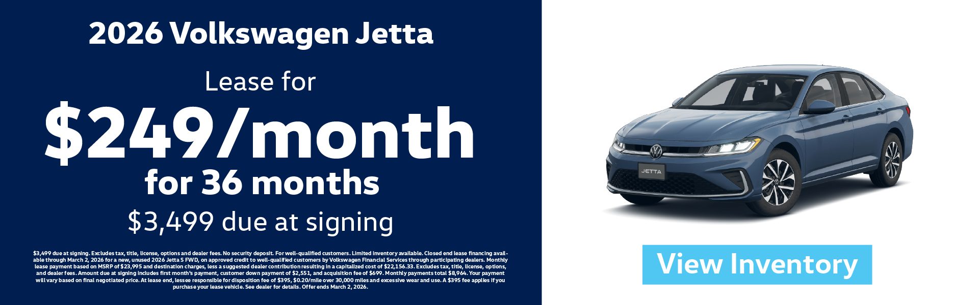 2026 Volkswagen Jetta $249/month for 36 months