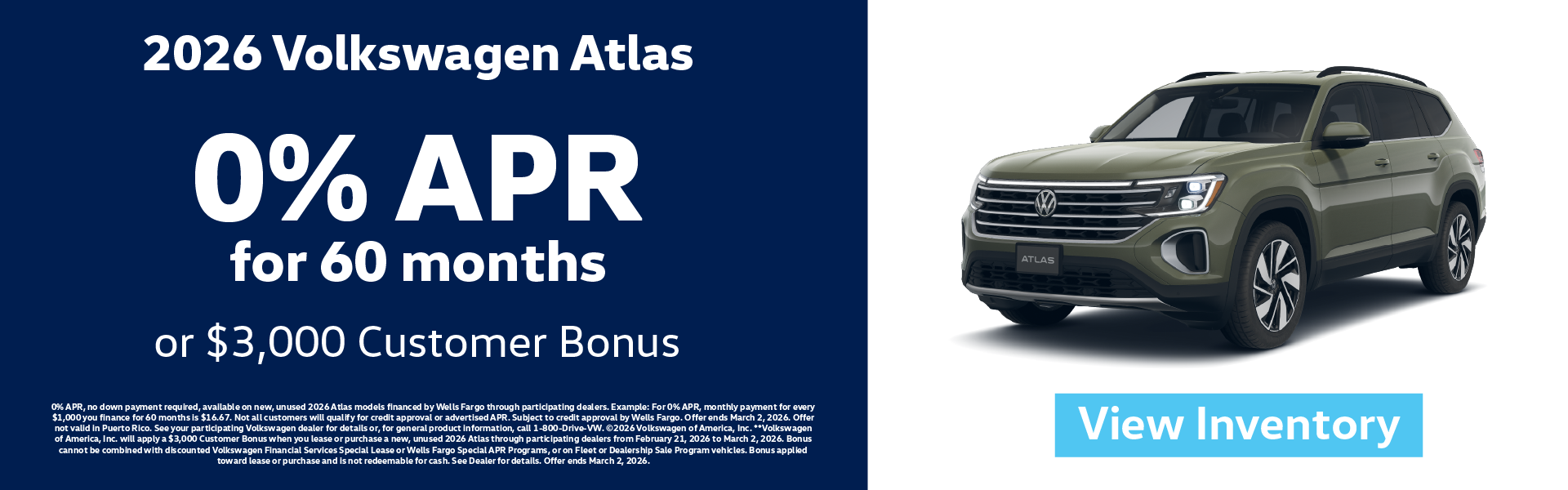 2026 Volkswagen Atlas 0% APR for 60 months or $3,000 Custome