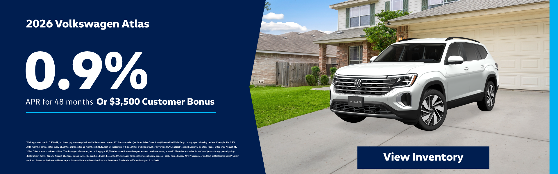 2026 Volkswagen Atlas 0.9% APR for 48 months