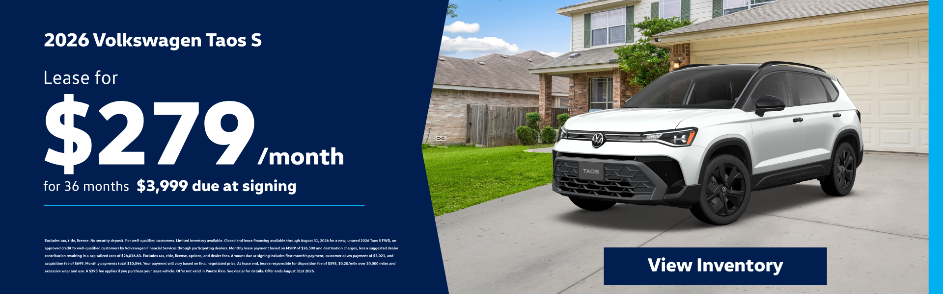 2026 Volkswagen Taos S Lease for $279/month for 36 months