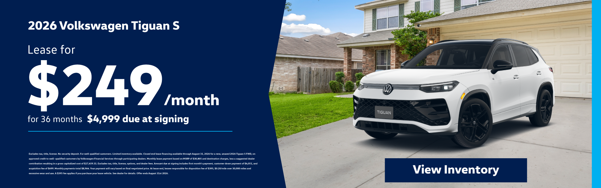 2026 Volkswagen Tiguan S Lease for $249/month for 36 months