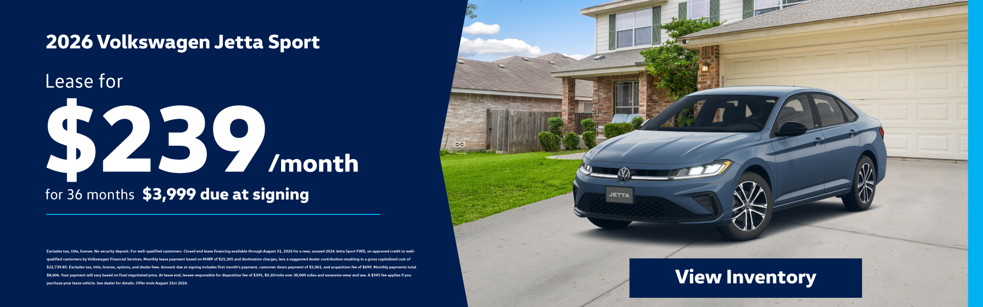 2026 Volkswagen Jetta Sport Lease for $239/month for 36 mont