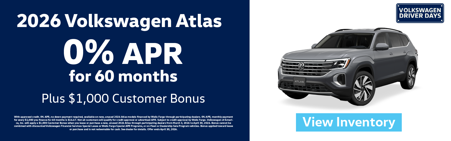 2026 Volkswagen Atlas 0% APR for 60 months Plus $1,000 Custo