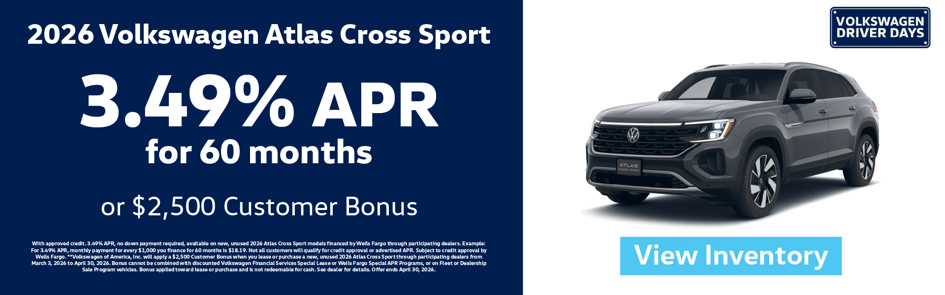  2026 Volkswagen Atlas Cross Sport 3.49% APR for 60 months