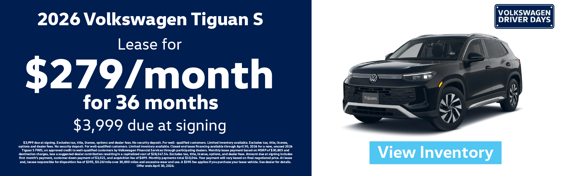 2026 Volkswagen Tiguan S Lease for $279/month for 36 months