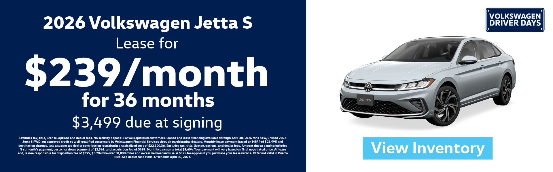 2026 Volkswagen Jetta S Lease for $239/month for 36 months