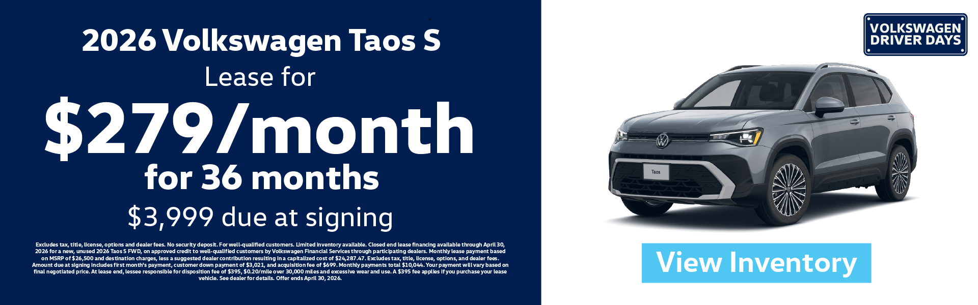 2026 Volkswagen Taos S Lease for $279/month for 36 months