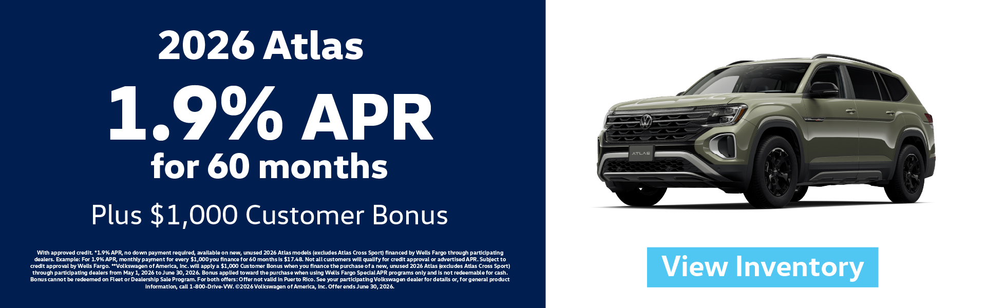 2026 Atlas 1.9% APR for 60 months Plus $1,000 Customer Bonus