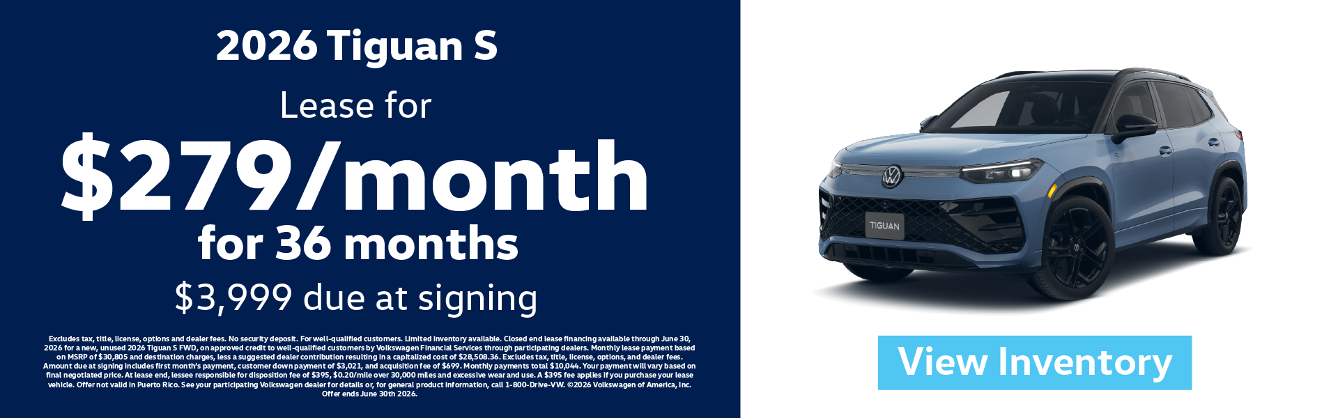 2026 Tiguan S Lease for $279/month for 36 months