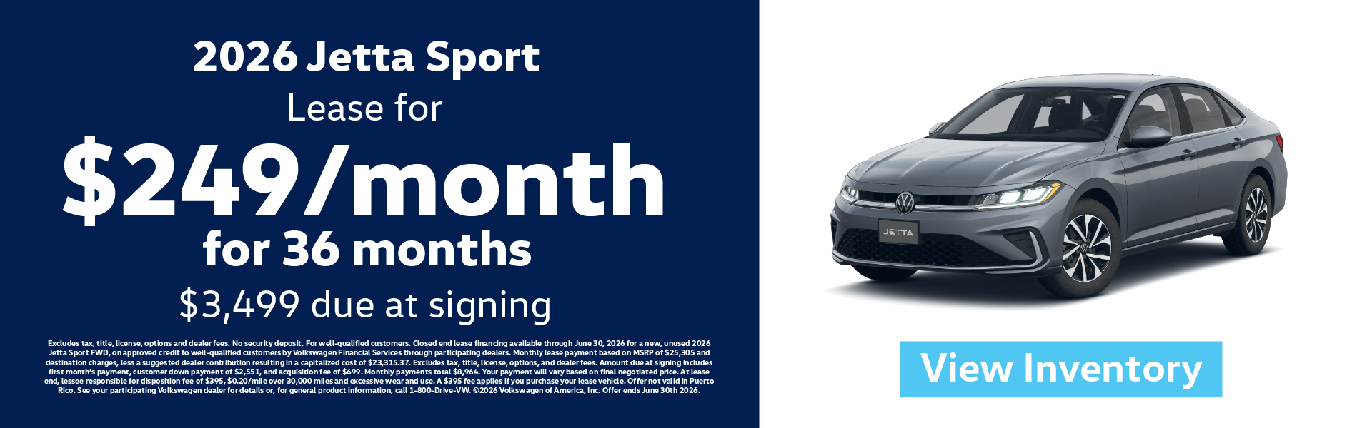 2026 Jetta Sport Lease for $249/month for 36 months