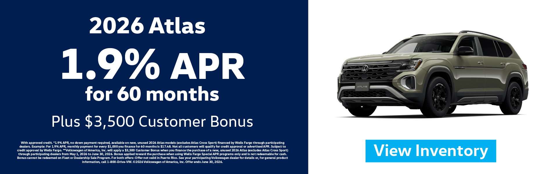 2026 Atlas 1.9% APR for 60 months Plus $3,500 Customer Bonus