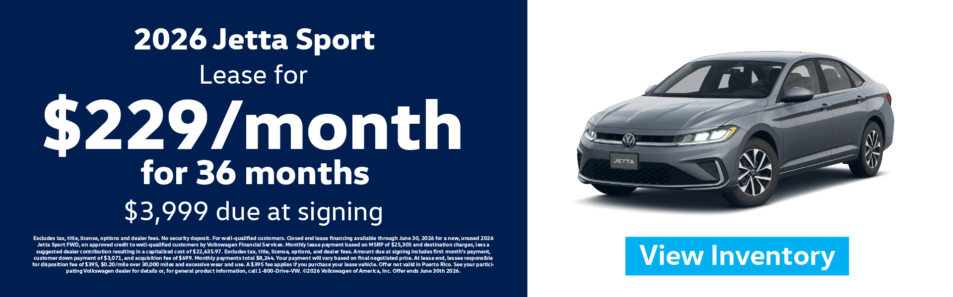 2026 Jetta Sport Lease for $229/month for 36 months